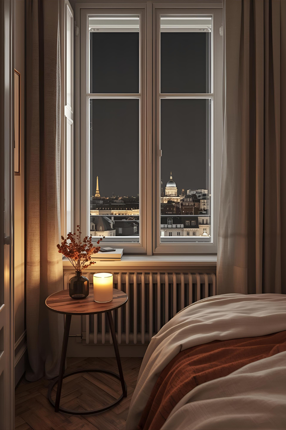 Bedside table styled with a fall scented candle and table lamp